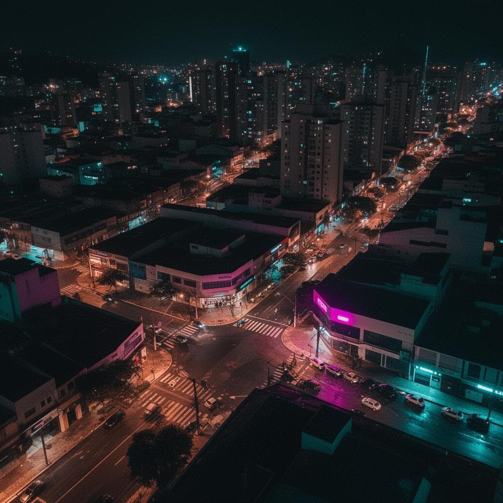 Vista aérea noturna de região urbana com luzes magenta e ciano